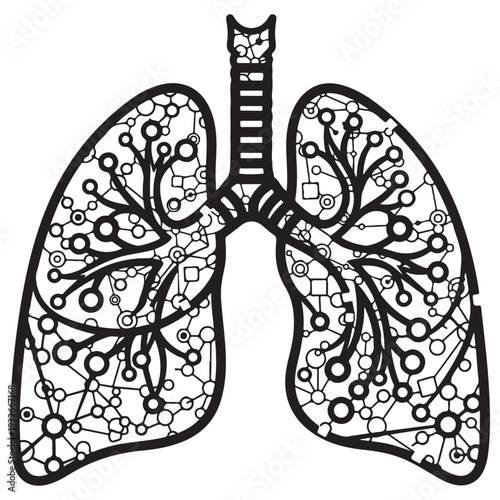 Stylized human lungs icon with internal digital network pattern representing the intersection of technology and respiratory medicine, isolated on white for medical AI concepts.