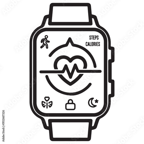 Smartwatch fitness tracker icon displaying health metrics like heart rate, steps, and calories in a minimalist black line art vector illustration for modern wellness app design.