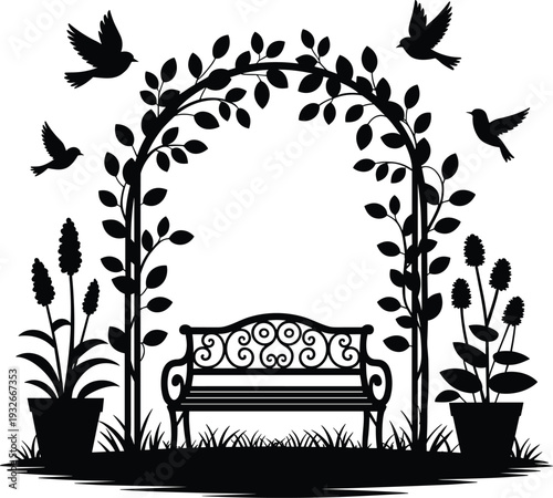Garden bench silhouette under floral archway with flying birds and potted plants park landscape vector illustration for outdoor nature design, 20 words.