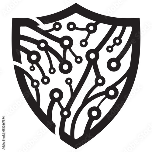 Cyber security shield icon featuring integrated circuit board patterns representing digital data protection, network safety, and firewall encryption in a minimalist black vector style.