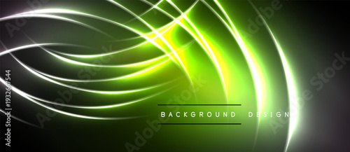 Bright neon lines form abstract curves, radiating from central point. Dark background enhances vibrant green glow. Design includes text elements.