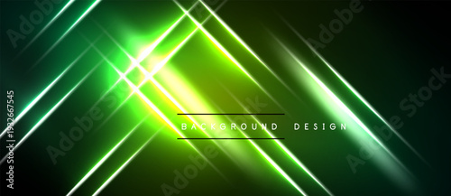 Dark background features vibrant green neon lines, creating dynamic abstract light effects. Bright central glow adds intensity.