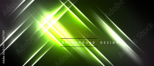Abstract neon lines create dynamic glowing effect. Dark background emphasizes bright green, white light streaks. Modern design element.