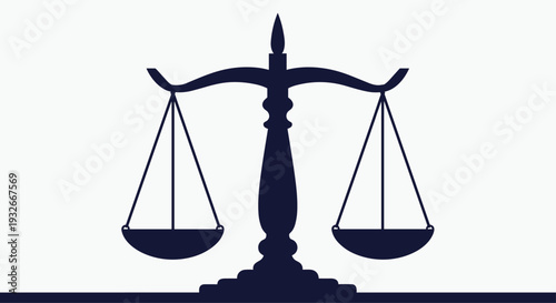 A stark dark blue silhouette of a traditional balance scale with two empty pans stands prominently on a clean white background.