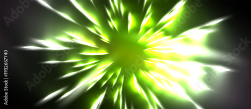 Bright green energy burst radiates outward. Intense light creates sharp spikes against dark background. Vivid, dynamic visual effect.