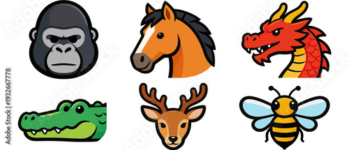 Six Vector Animal Head Icons – Gorilla, Horse, Dragon, Crocodile, Deer, Bee