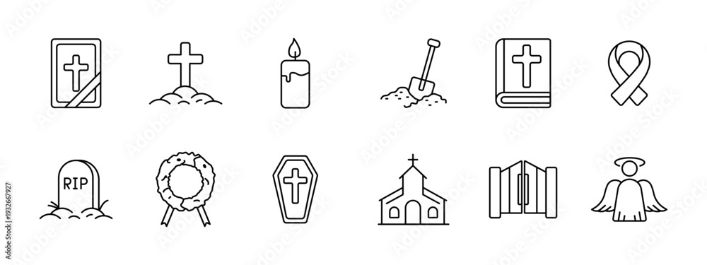 Obraz premium Funeral religion memorial set icon. Bible cross candle shovel book ribbon tomb wreath coffin church gates angel depict ceremony burial mourning faith.