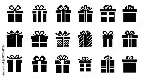 Minimalist Black Silhouette Gift Box Vector Icon Set for Holidays and Celebrations

