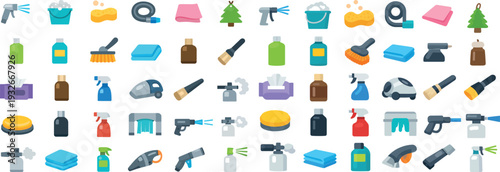 Cleanical Cleaning and Household Tools Icon Set with Sprays, Brushes, and Vacuums