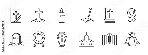 Funeral religion memorial set icon. Bible cross candle shovel book ribbon tomb wreath coffin church gates angel depict ceremony burial mourning faith.
