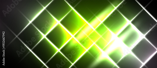 Abstract geometric pattern. Bright green, yellow light radiates from center, fading to black edges. Diamond shapes intersect creating visual texture.