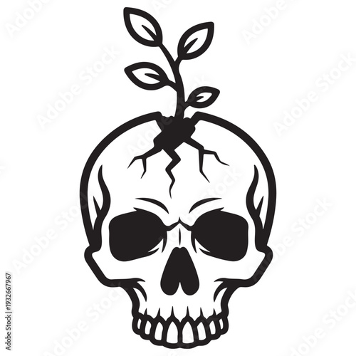Minimalist black and white line art illustration of a human skull with a small plant sprout growing from a crack in the cranium, symbolizing life after death, rebirth, and nature's resilience.