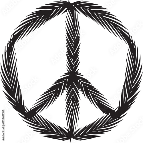 Peace symbol created with palm branches silhouette vector illustration and line art foliage
