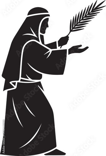 Person holding palm branch vector silhouette illustration depicting ancient religious scene