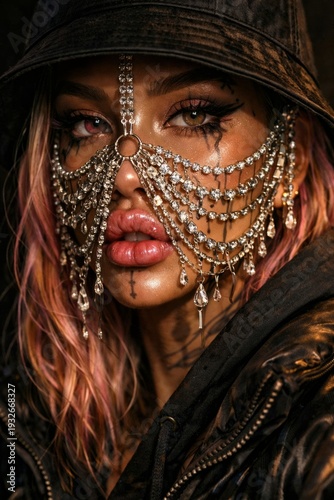 Avant-Garde Fashion Portrait of Woman with Crystal Face Chain and Dramatic Makeup, Futuristic Beauty Close-Up, High Fashion Editorial Style, Cinematic Lighting, Luxury Aesthetic