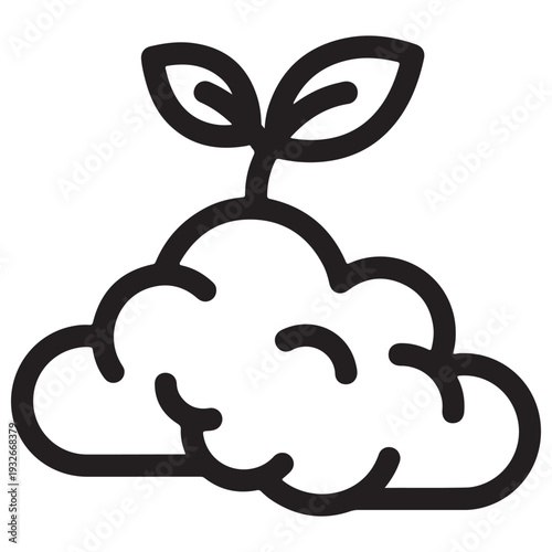 Minimalist black line icon of a young plant sprout growing from a pile of fertile soil, representing environmental sustainability, agricultural growth, and new beginnings in a clean vector style.