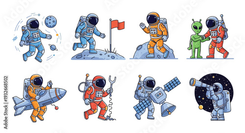 Cartoon astronauts explore space meet an alien and operate technology