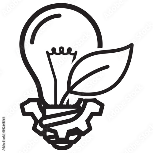 Minimalist black and white line icon of a light bulb with a leaf growing from it resting on a mechanical gear, representing sustainable technology, eco-friendly innovation, and green energy.