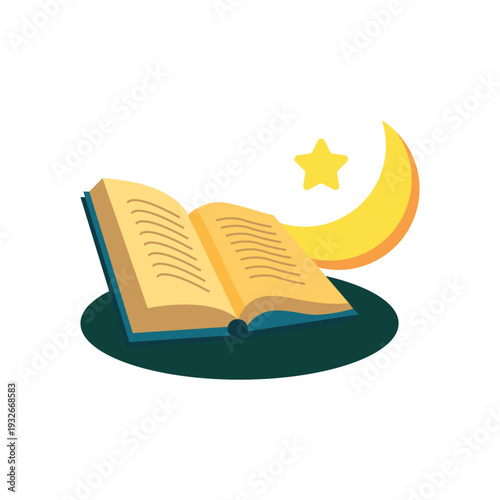 Quran Reading Under Crescent Moon Illustration
