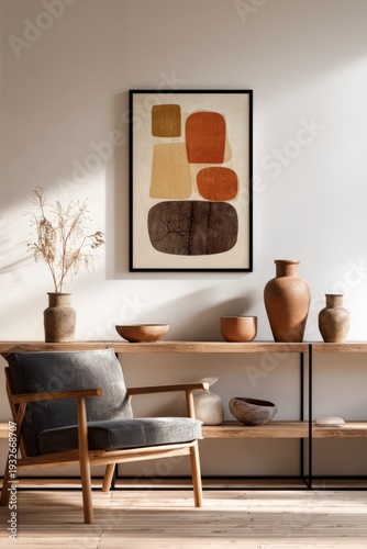 A beautifully arranged decorative display in a contemporary living room showcases stunning art pieces adorning the walls, complemented by elegant wooden furniture.