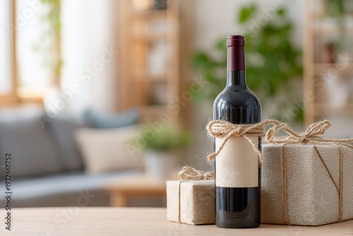 Red wine bottle with gift boxes on a table in a cozy living room. Special occasion, anniversary, or birthday present. Lifestyle concept with soft bokeh background