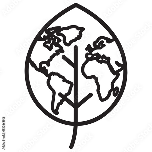 Minimalist black line icon of a leaf containing world map continents, symbolizing global environmental sustainability, eco-friendly nature conservation, and green earth protection concepts