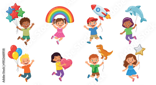 Joyful children jumping and playing with colorful balloons and toys