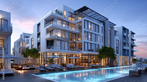 luxury urban hotel exterior in 3d with modern white architecture floor to ceiling glass windows balconies terraces and reflective poolside ambiance at evening time