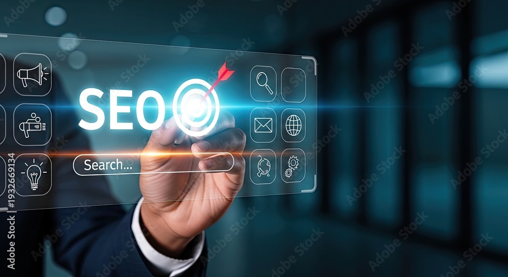 Fototapeta premium Businessman touching virtual screen with SEO search bar and icons.