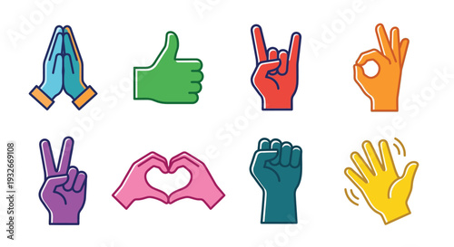 Colorful hand gestures praying hands thumbs up and various other signs
