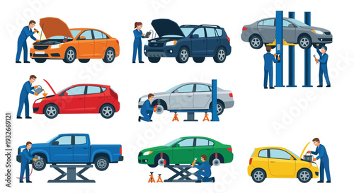 Automotive repair scenes featuring mechanics working on various vehicles