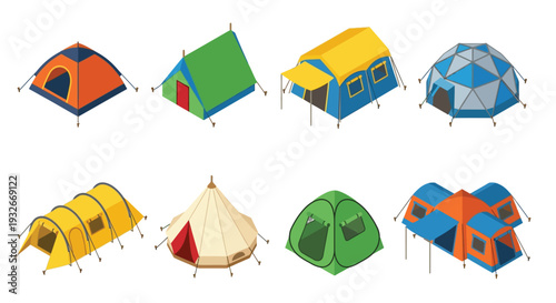 Isometric collection of colorful camping tents in various shapes and designs