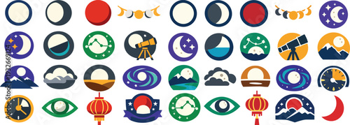 Total Lunar Eclipse Icon Set Blood Moon Astronomy Celestial Event Collection