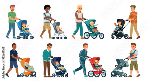 Diverse group of parents walking with strollers and young children