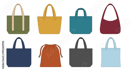 Collection of colorful tote bags and drawstring pouches displayed on white