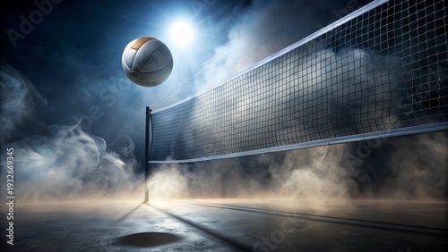 A dramatic low-angle view of a volleyball soaring over a net, suspended in a smoky, dimly lit arena, capturing the intensity of the game
