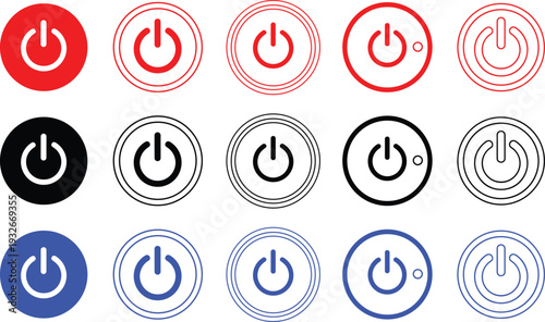 Power button icons in red, black, and blue colors representing power, start, and stop functions