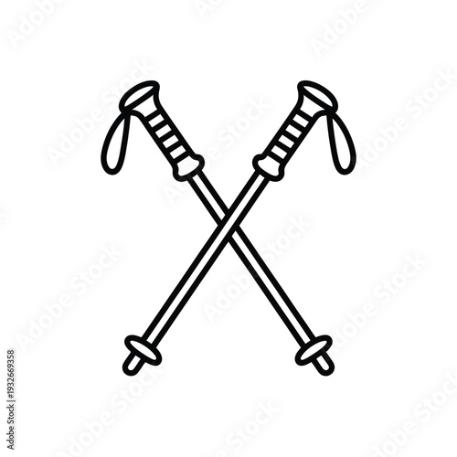 Two crossed trekking poles depicted in a simple black and white line drawing