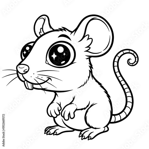 Cute black and white rat character with large eyes and a cheerful expression, exuding a playful and friendly vibe. Cartoon mouse character with large eyes and cheerful expression  