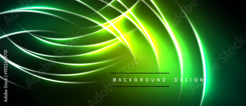 Bright neon lines create abstract flow. Vivid green dominates dark background. Modern design element for digital projects.