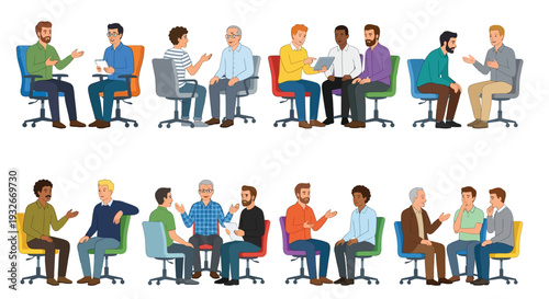 Diverse group of people seated in chairs engaged in discussion