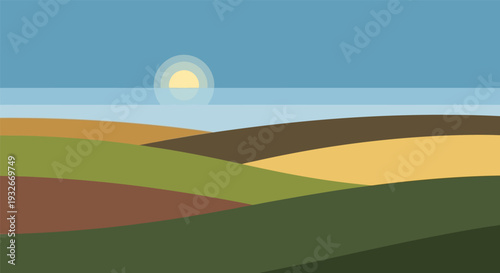 Serene landscape with rolling hills in warm sunlight with minimalist style for environmental campaign