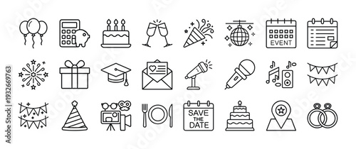 Collection of simple black line icons for party and celebration