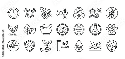 Collection of simple black and white icons representing natural and organic products