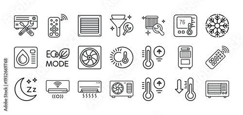 Collection of simple black line icons representing air conditioning features and settings