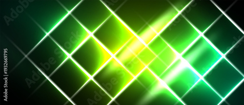 Bright green neon grid pattern. Lines intersect creating luminous squares, dark background enhances glow. Modern digital aesthetic.