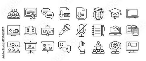 Collection of simple line icons representing online education and virtual events