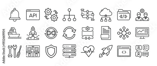 technology business innovation security health icons collection simple line drawings