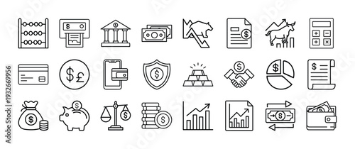Financial icons collection representing banking and monetary transactions