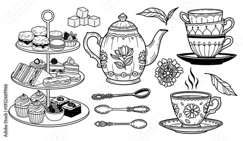 Traditional english afternoon tea set illustration, hand-drawn elements for tea party, bakery, and cafe menu